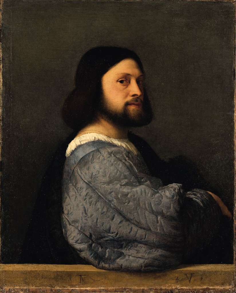 London National Gallery Next 20 08 Titian - Portrait of a Man with a Quilted Sleeve Titian � Portrait of a Man with a Quilted Sleeve, 1512 81 x 66 cm. It has been plausibly suggested that the assertive unknown man in this portrait, is Titian himself when young. Subverting the Venetian convention by which a parapet defines the picture plane, locating the sitter behind it, Titian�s elbow in the blue sleeve projects beyond the stone ledge, off the canvas into our space. A monogram, T V, is �carved� into the parapet.
